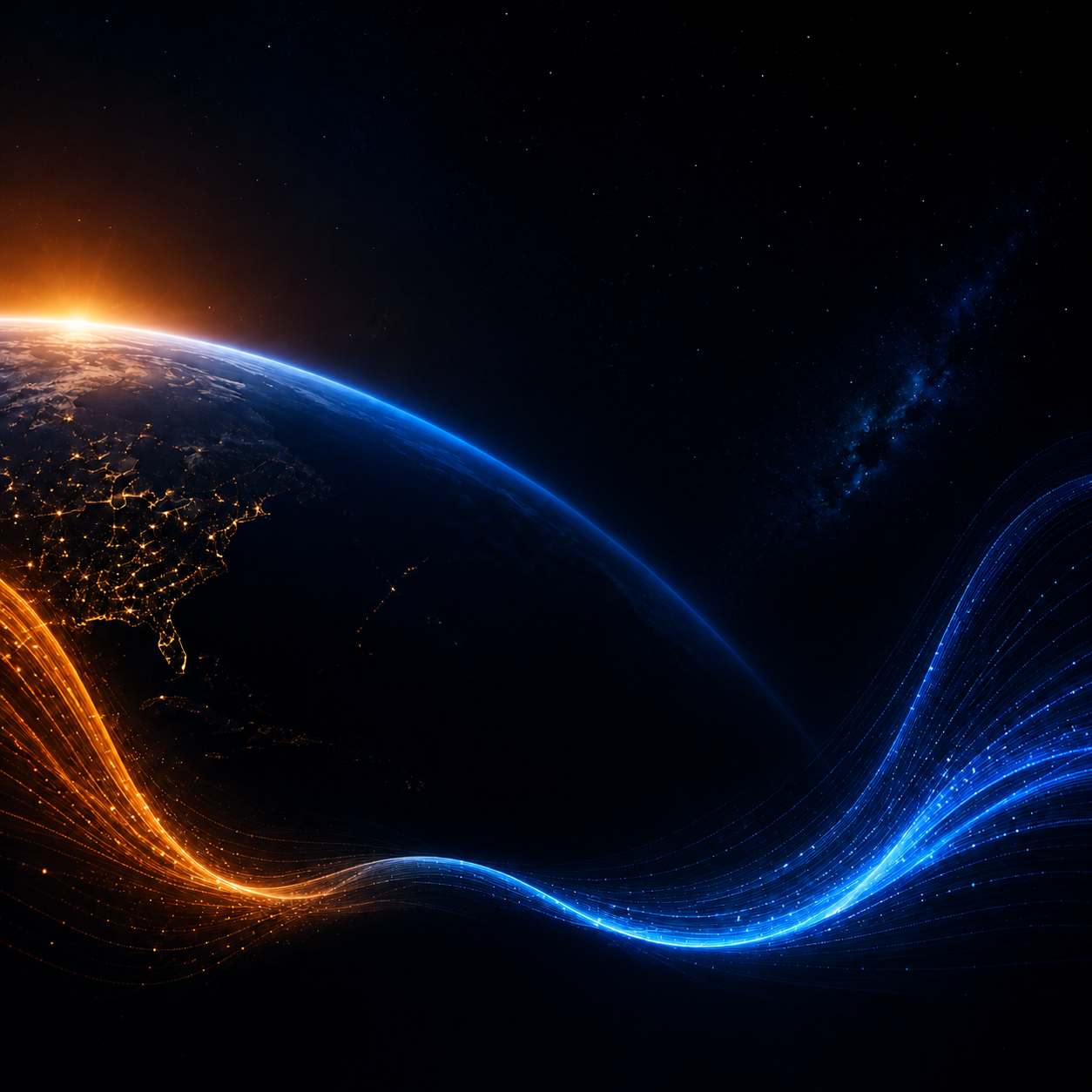 La Tierra y flujos de energía naranja y azul