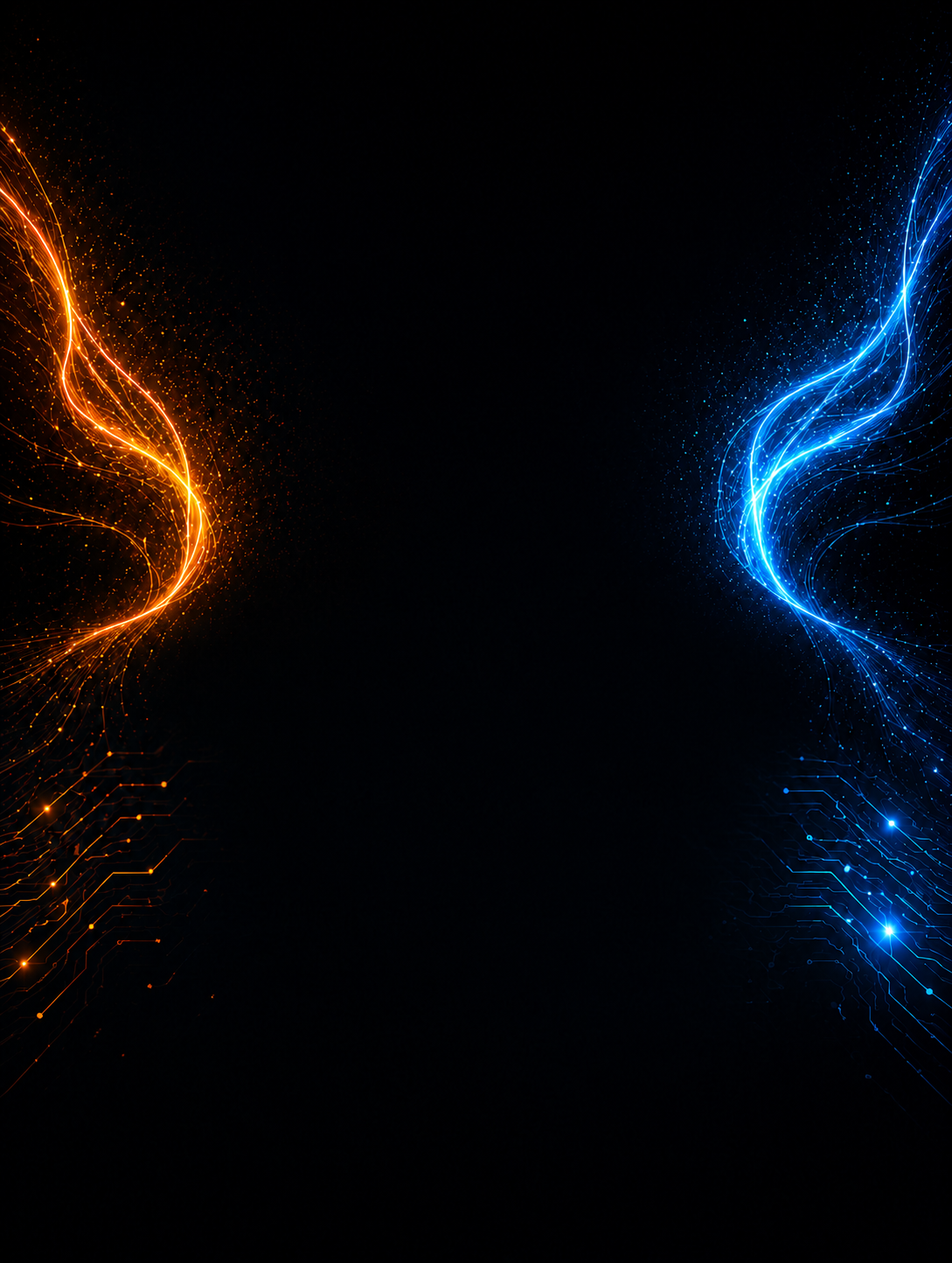 Flujos de energía naranja y azul representando integración