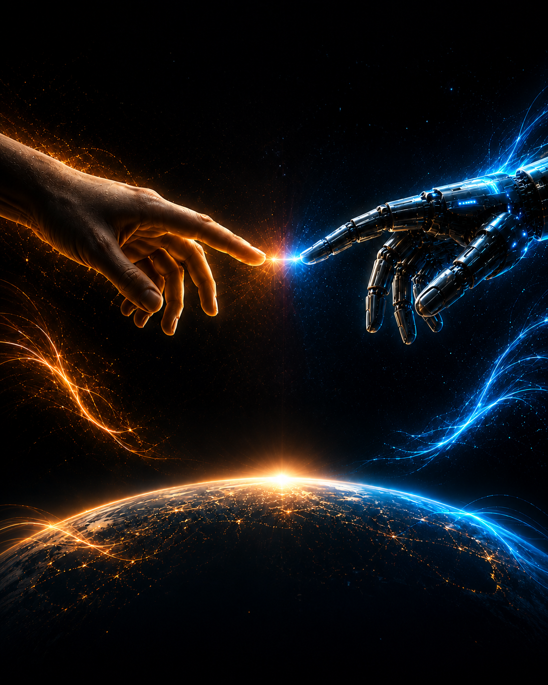 Una mano humana y una mano robótica conectándose