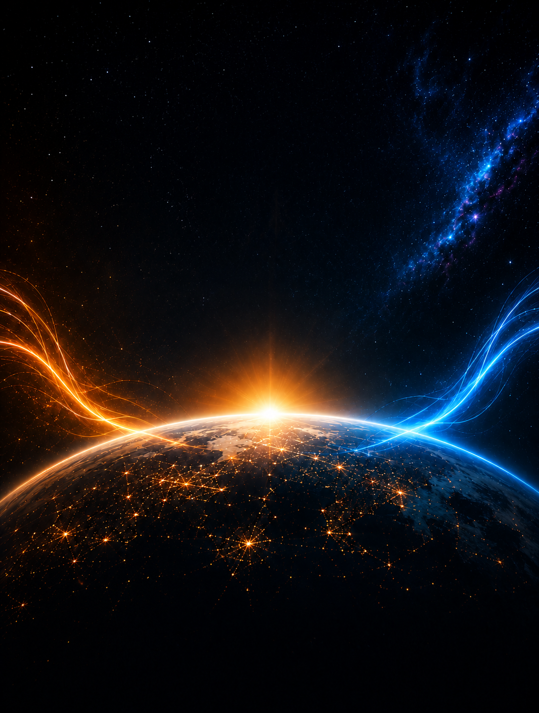 La Tierra conectada por energía azul y naranja